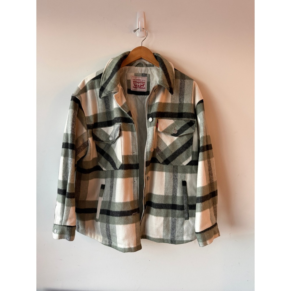 Levis Mens Plaid Quilted Shirt Jacket Green White Full Zip Shacket Large